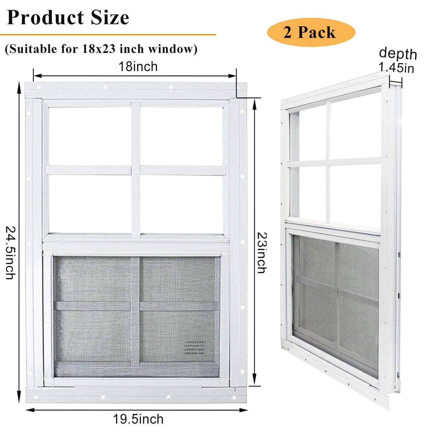 2 Pack White Shed Windows 18" x 23" Flush Mount Window with Tempered Glass and Fiberglass Screen for Chicken Coop Sheds Barns Playhouse