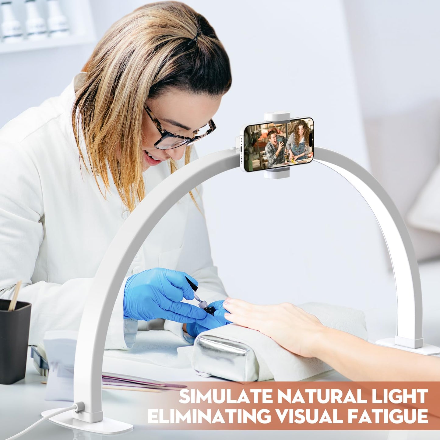 SLYFTE Premium Large Half Moon LED Light for Nail Tech, Foldable Arch Light for Nail Desk Lamp with Phone Stand Perfect for Manicure Handicraft Lighting (White, Large)