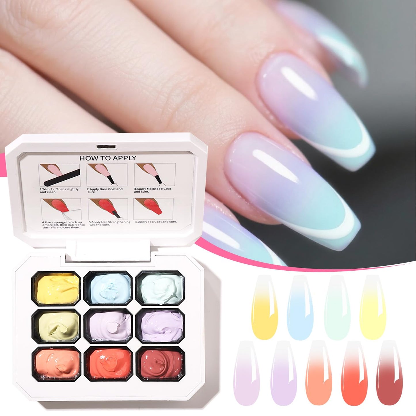 AOBOO Ombre Gel Nail Polish with Nail Art Sponges for Pat Gel Ombre Color Palette Blush Effect Pat Painting Gradient Blooming Gels 9colors for Ombre Nails Multistyle French Manicure DIY