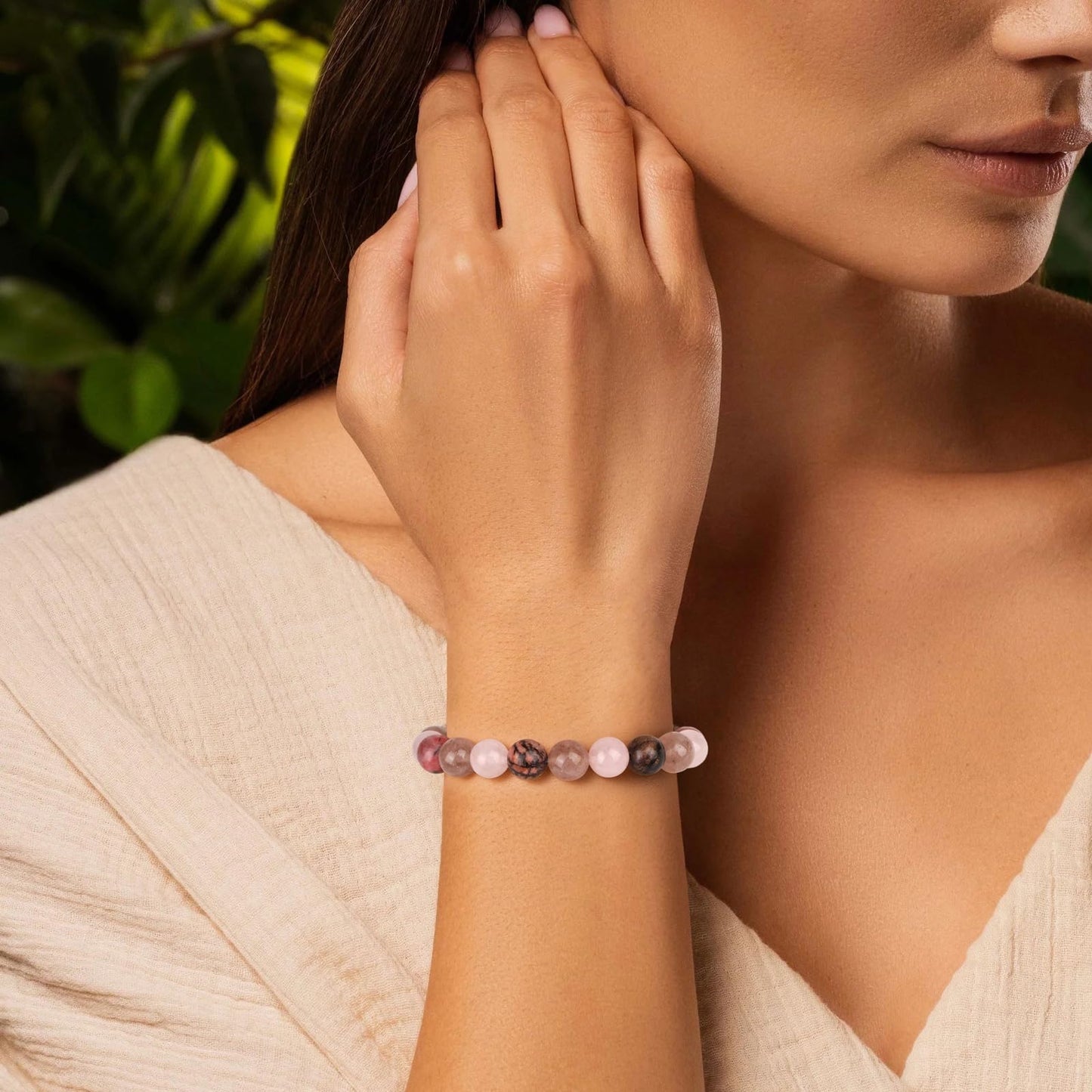 Bolinailo Healing Crystal Be-Yourself Bracelet 8mm Crystal Beaded Bracelet for Women Men Natural Stones of Rose Quartz, Strawberry Quartz and Rhodonite Handmade Gemstone Reiki Spiritual Jewelry Gifts