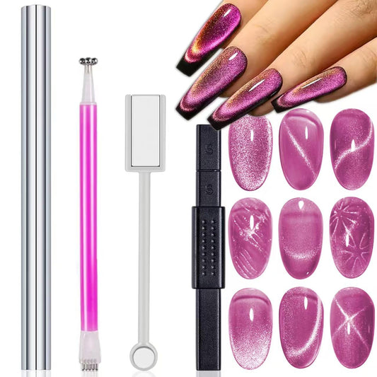 HYWWPFLAY 4 Pieces Extra Large Cylindrical Cat Eye Magnet for Nails Double-Head Magnetic Gel Polish Stick Multi-Function Nail Magnet Strong Magic Cat Eye Manicure Design Tool