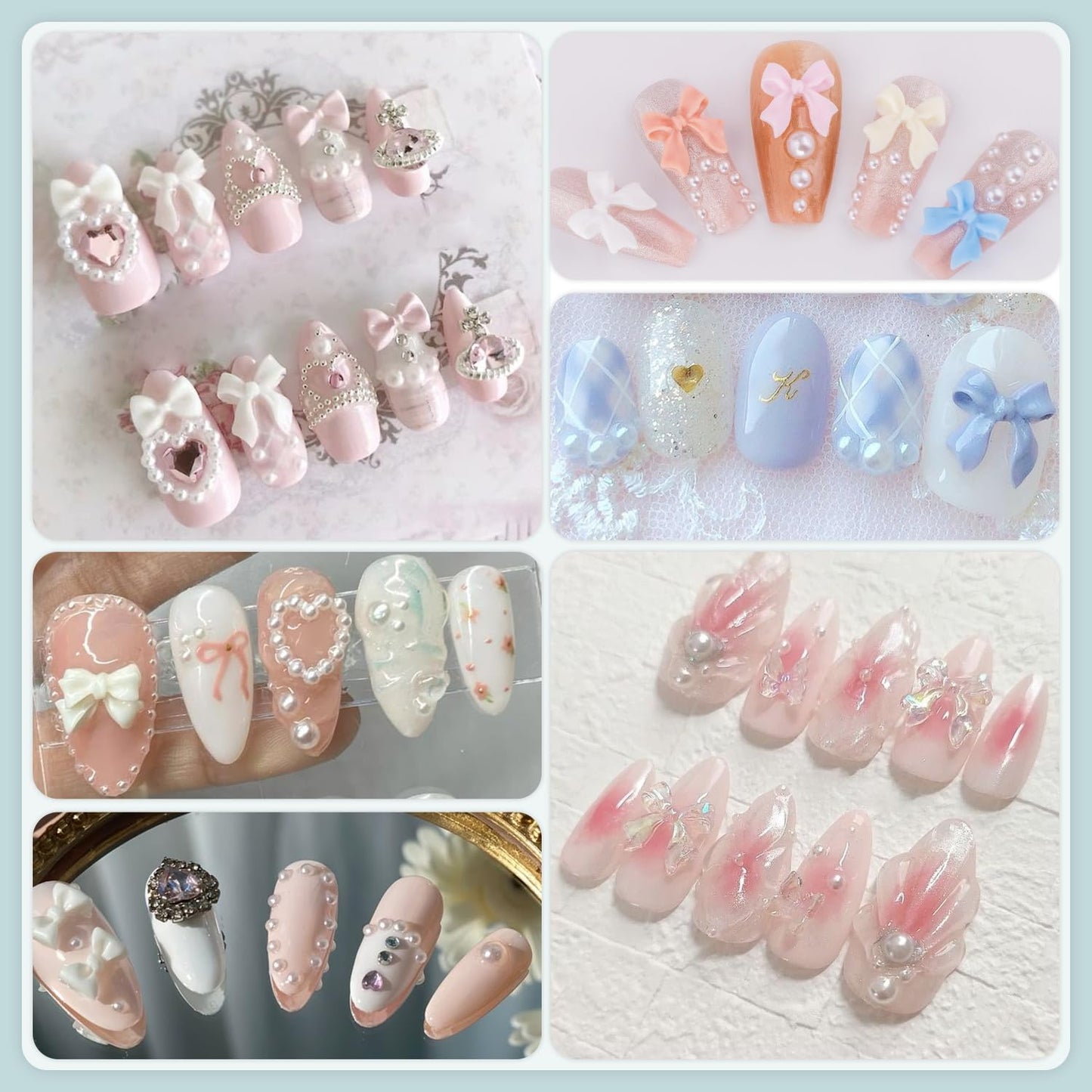 3D Nail Charms and Flatback Pearls #3, 600 Pcs Pink White Lilac Multi Styles Bowknot Charms + Pink&White Star Heart Nail Jewels + 2-6mm White Nail Pearls for Nail Art Design with Pickup Tools