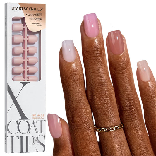 BTArtboxnails XCOATTIPS Bare 5-Shades Nude Press on Nails - 4-Week Wear Extra Short Squoval Press on Nails, Easy to Apply, Soak Off, Salon Quality Value at Home, 16 Sizes - 160 Fake Nails