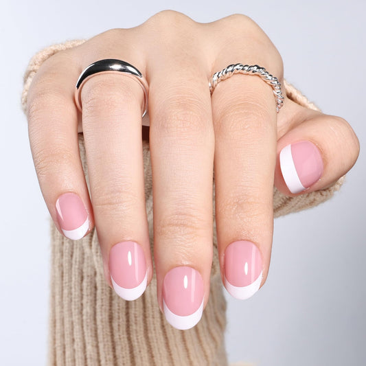 White French Tip Press On Nails Oval - Short Oval White French Tip Fake Nails with Nail Glue, Pink Press On Nails Reusable Stick On Nails in 16 Sizes - 32 Nail Kit for Women | Salon Quality