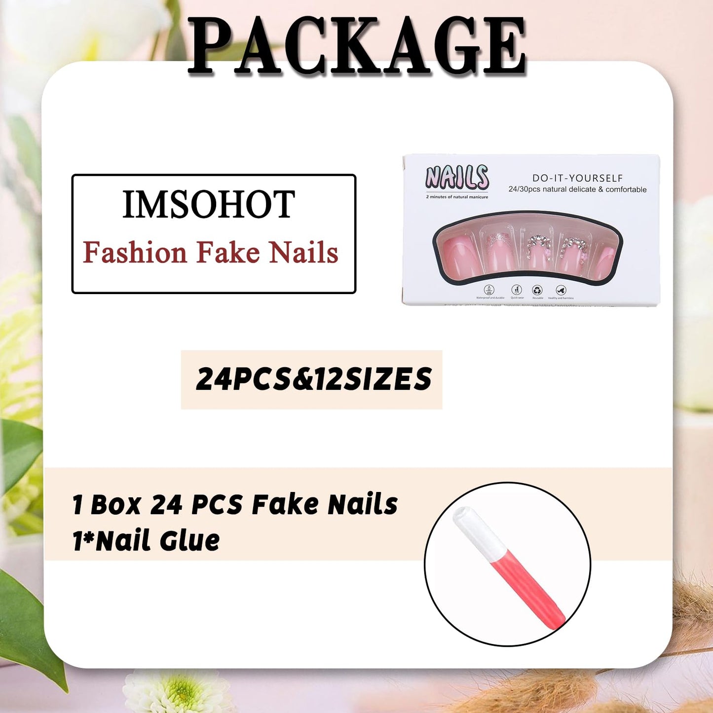 IMSOHOT Square Press on Nails Short Fake Nails Pink French Tip False Nails with Rhinestone & Flower Designs Full Cover Acrylic Stick on Nails for Women Girls Manicure Kit
