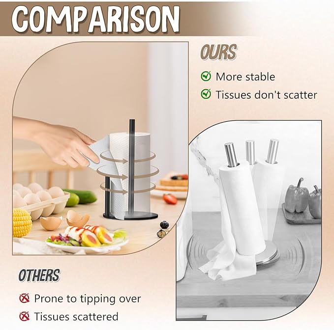 Paper Towel Holder Countertop, Premium Stainless Steel Black Paper Towel Holder with Anti Slip & Waterproof, Freestanding Countertop Paper Towels Holder for Kitchen, Tabletop, Bathroom