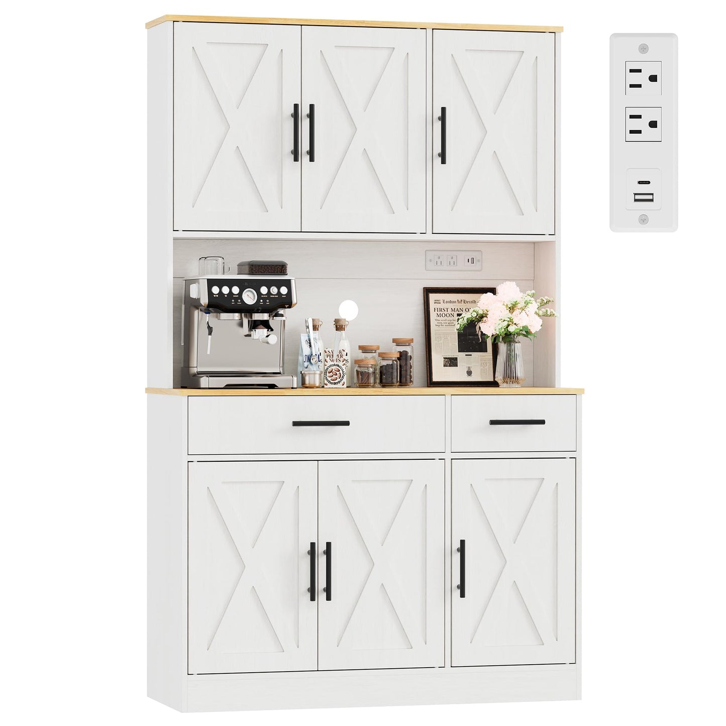 Vongrasig Farmhouse Pantry Cabinet with Charging Station, Tall Kitchen Pantry with Microwave Stand, Storage Drawers & Shelves, Large Kitchen Hutch for Living Room, Dining Room, White