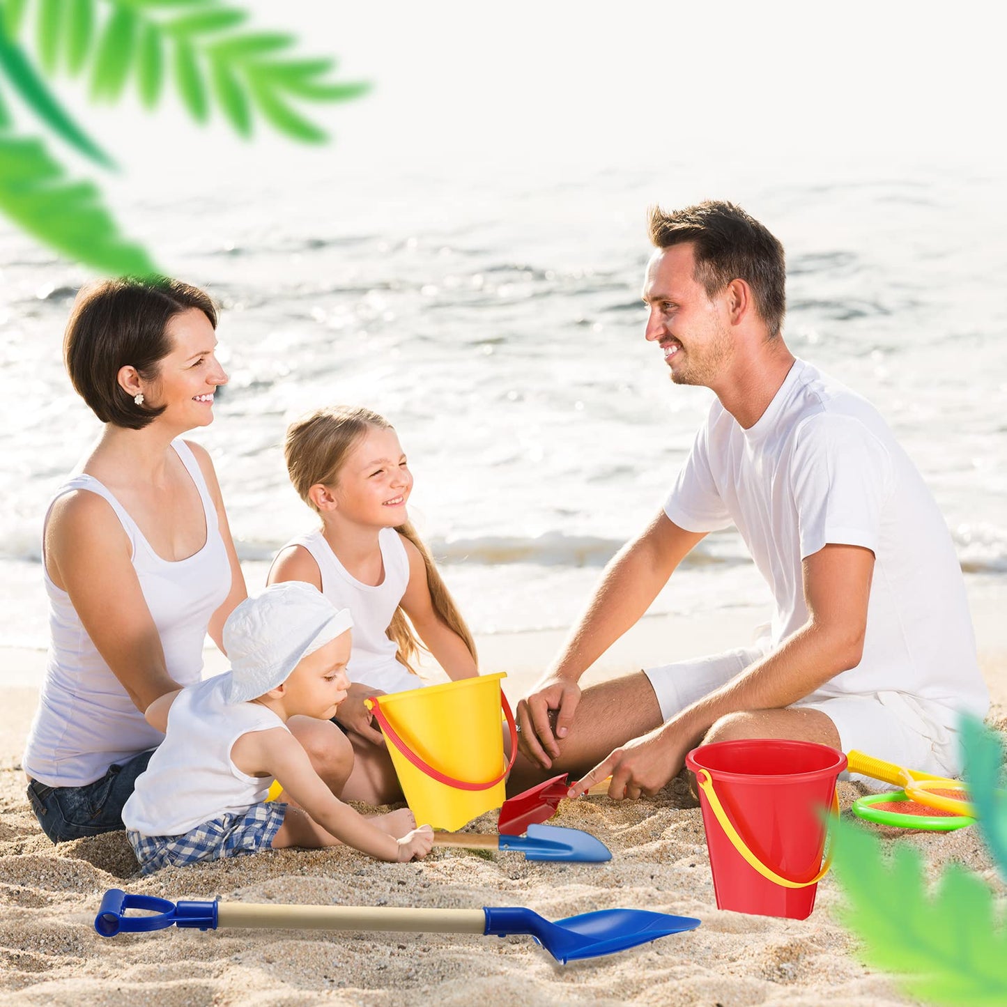 Jexine 12 Pcs Sand Buckets and Shovels for Kids Beach Sand Toys Bulk 12 Plastic Beach Buckets and 12 22 Inches Gardening Shovel with Wooden Handle Summer Toys for Boys and Girls, 4 Colors