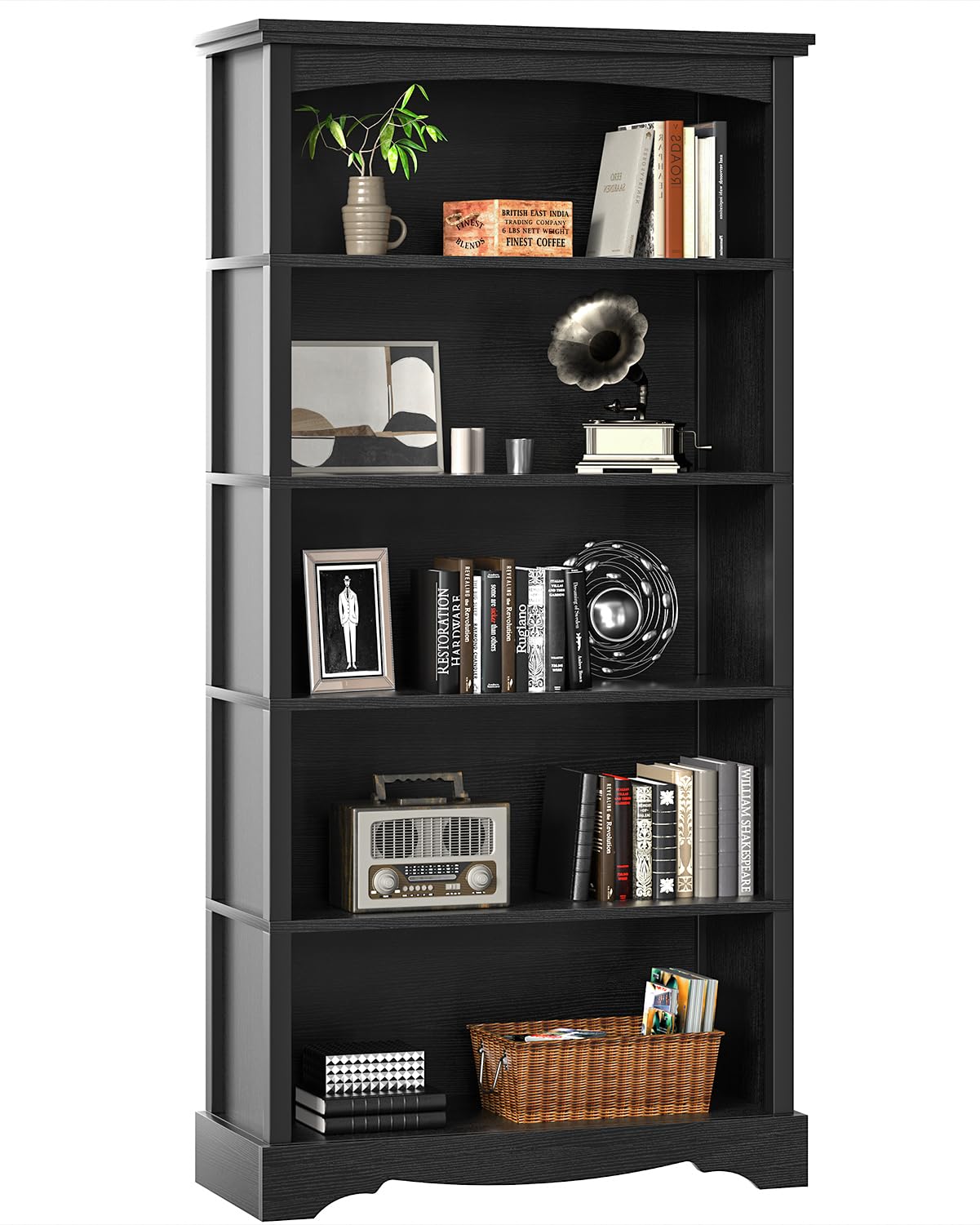 TVU 5-Tier Wooden Bookshelf, 65 Inch Tall Bookshelf with Storage, Floor Standing Modern Style Display Bookcase for Living Room, Office, Study Room, Entryway, Black