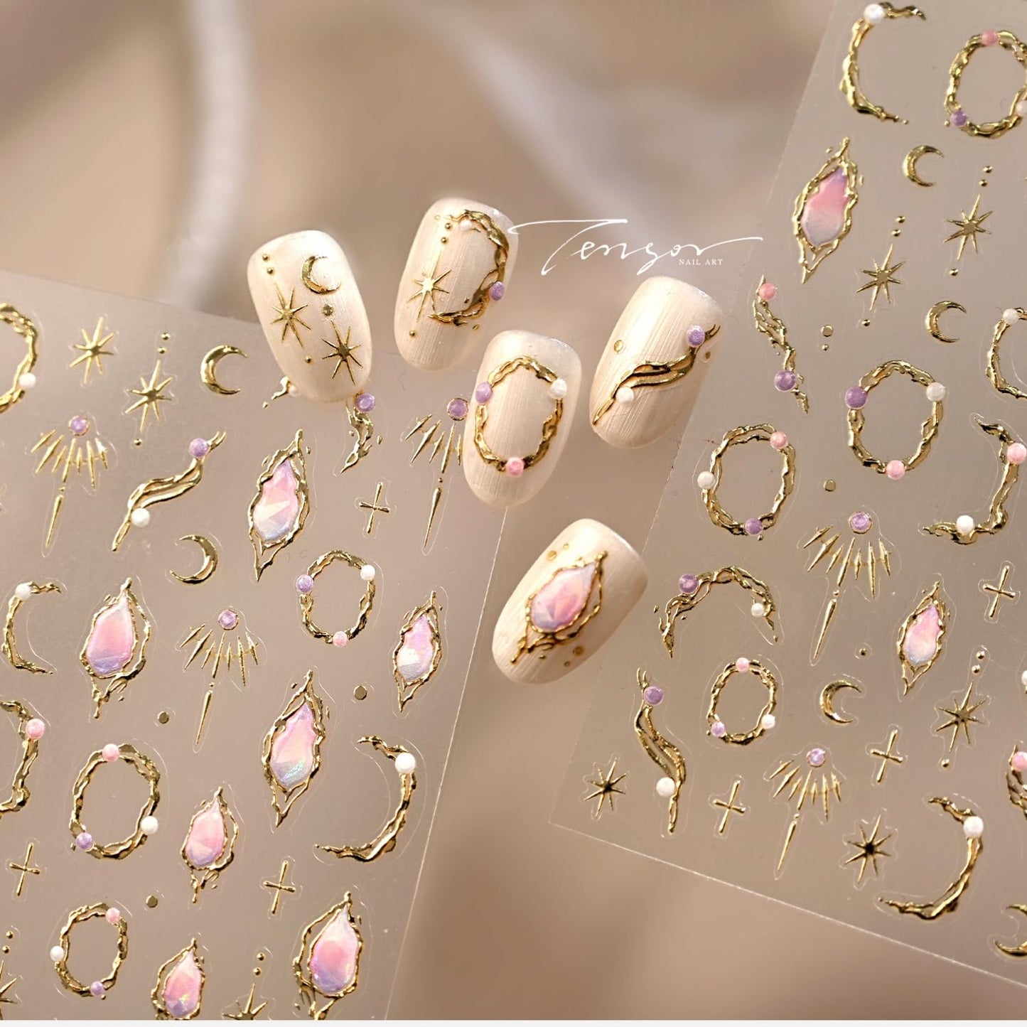 5D Embossed Gold Nail Stickers for Nail Art Moon Star Nail Art Stickers with Pearl Design Pink Gemstone Nail Decals Moon Nail Design Supplies for Women Girls