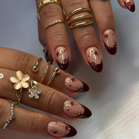 Wine Red French Tip Press on Nails - Medium Almond Fake Nails with 3D Rubby Star Designs False Nails Glossy Glue on Nails Reusable Full Cover Stick on Nails for Women Manicure 24Pcs
