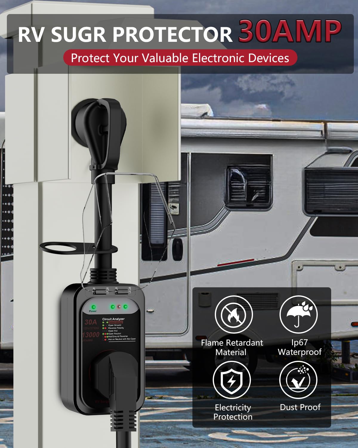EPLCSE RV Surge Protector 30 Amp, 13000 Joules RV Circuit Analyzer with Waterproof Cover,RV Adapter Plug for Camper Travel Trailers (30AMP-Black)