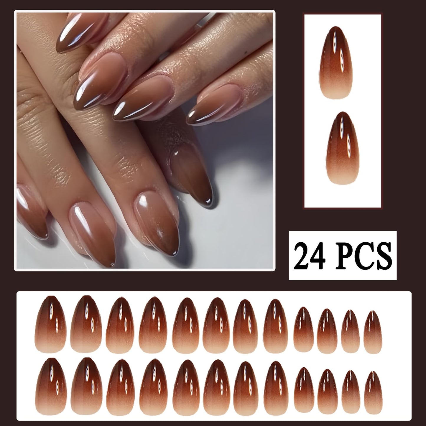 Gradient Brown Press on Nails Short Almond Fake Nails Natural French Round Acrylic Nails Press on Gradient French Glossy Full Cover False Glue on Nails for Women Manicure Decoration 24 Pcs
