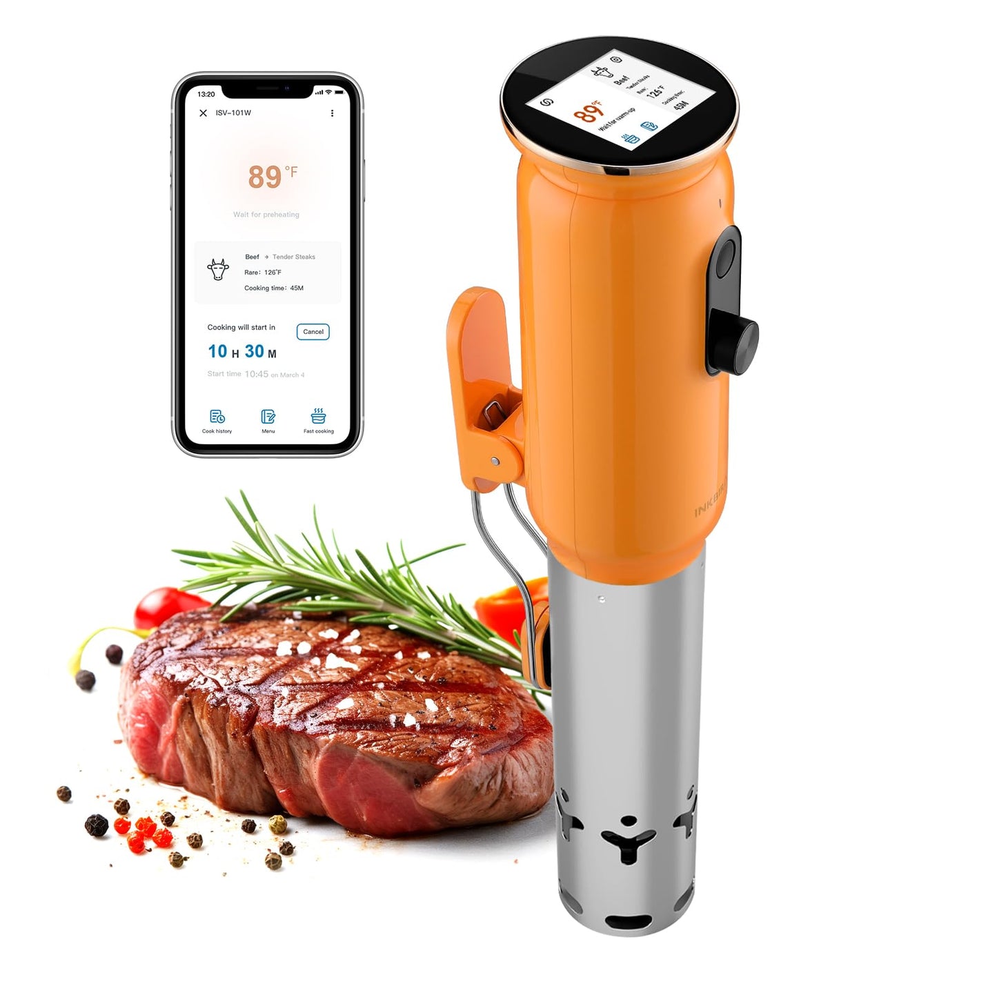 INKBIRD 2.4G WiFi Sous Vide Cooker ISV-101W, 1000 Watts Sous Vide Machine Thermal Immersion Circulators 3D Water Circulation Heating with App Preset and Machine Recipes, Pre-alarm (Ornage)