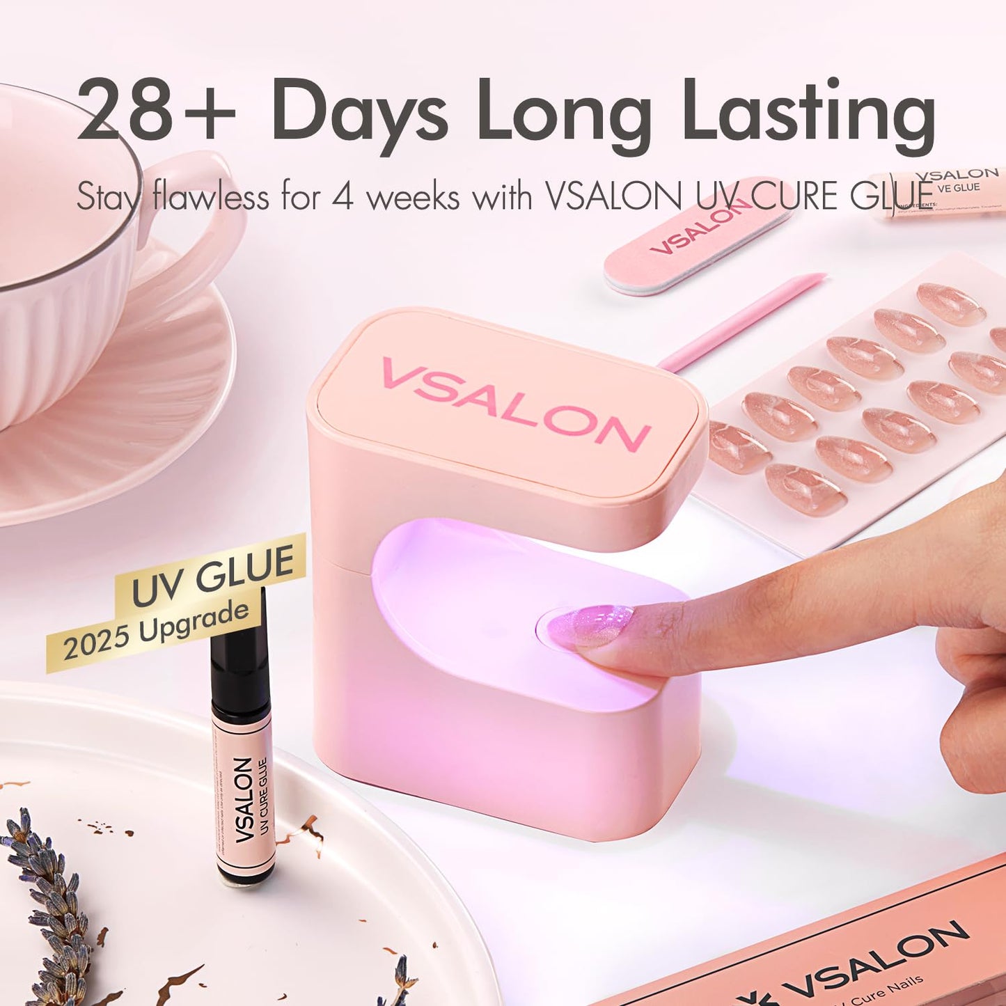 VSALON Press On Nails Short Almond, Cherry Red Cat Eye Spring Glue on Ombre Chrome Fake Nails With UV Cure Glue, Reusable Salon Quality Summer Stick On Nails False Nails Kit, 32 Pcs 16 Sizes