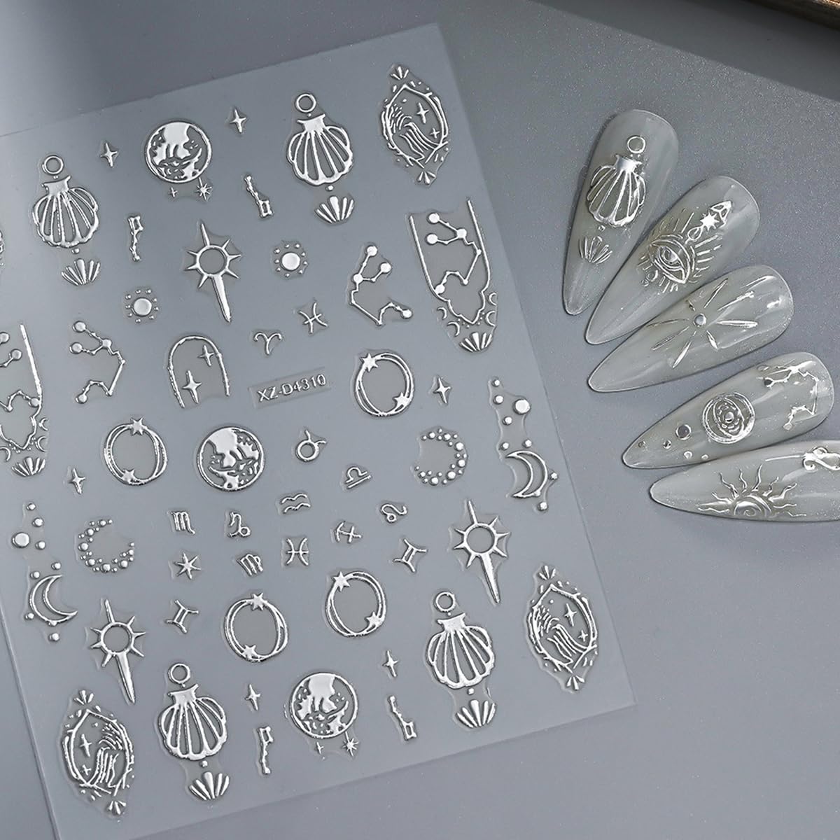 12 Sheets Silver Nail Art Stickers Star Nail Stickers Sun Moon Nail Decals Self Adhesive Evil Eye Nail Art Supplies for Women Girls DIY Manicure Nail Art Decorations