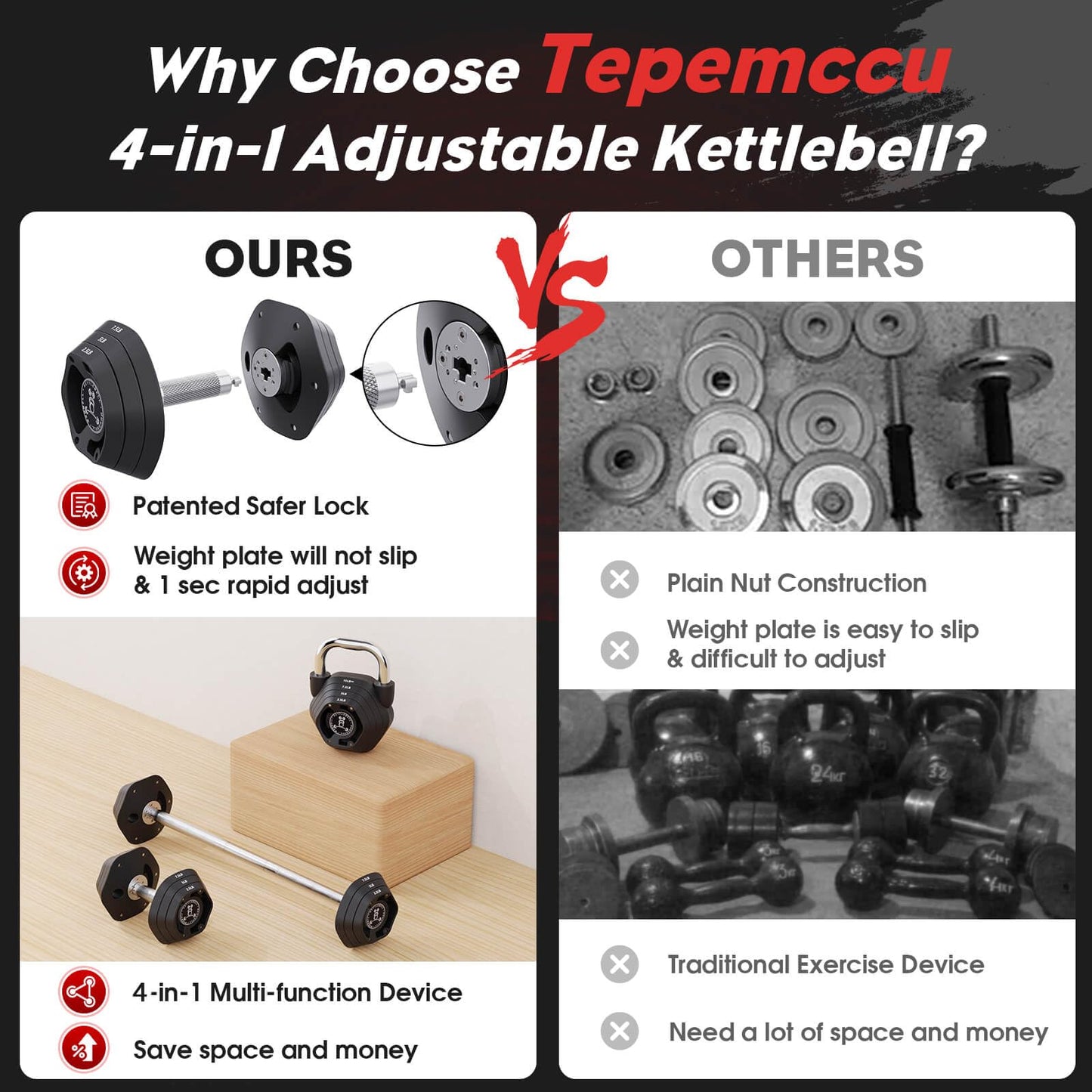 Tepemccu 4-in-1 Adjustable Kettlebell, 5.88-45lbs Kettlebells Weight Set, Adjustable Weight Kettlebell Used as Dumbbell, Barbell for Home Gym Full Body Workout (Black)
