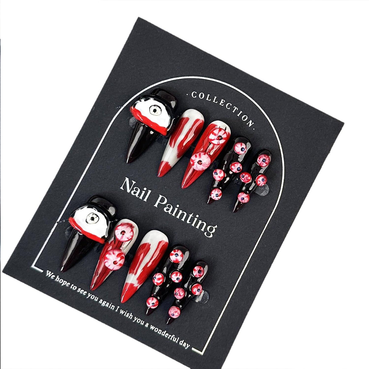 Halloween Press on Nails Medium Almond Fake Nails Handmade Scary 3D Big Eyeball Booeek False Nails Blood Full Cover Horror Stick on Nails for Women Girls Manicure (Scary Halloween M)