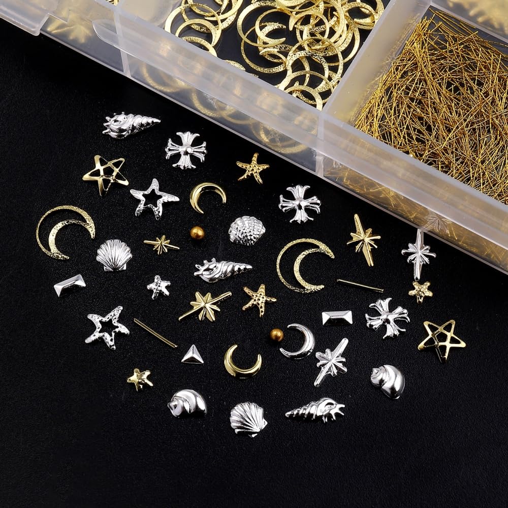 Gold Silver Nail Charms 3D Alloy Flower Nail Gems Metal Moon Star Nail Jewels Ocean Beach Starfish Seashell Gold Beads Nail Art Supplies with Tweezer for Women DIY Acrylic Nail 24 Grids 1 Box