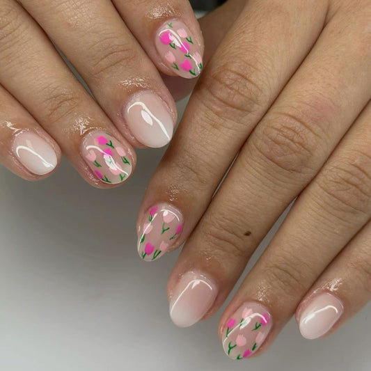 Spring Flower Press on False Nails Nude Ombre Fake Nails Short Oval Glue on Nails with Cute Flower Designs Glossy Press ons Stick on Nail for Women Manicure 24Pcs