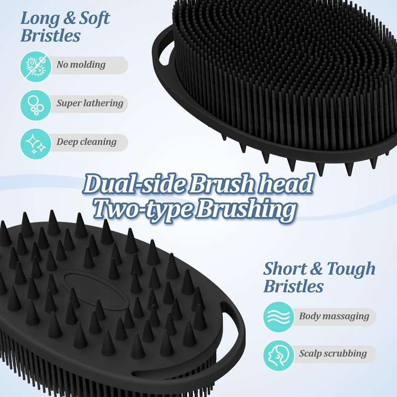 GEENOA Soft Silicone Body Scrubber 2PCS, 2-in-1 Bath & Shampoo Brush with Dual-Side Usage, Hygienic Silicone Loofah Shower Scrubber for Gentle Exfoliating & Good Lathering(Blackx2)