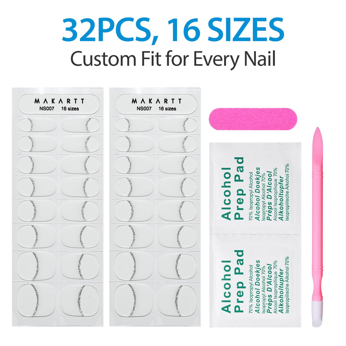 Makartt Semi Cured Gel Nail Strips Kit 2 Packs – Real Gel, Hema & TPO Free, 16 Sizes Anti-Lift Design, UV Required, Long Wear, Dual-Ended Tool & Prep Kit (White French Tip)