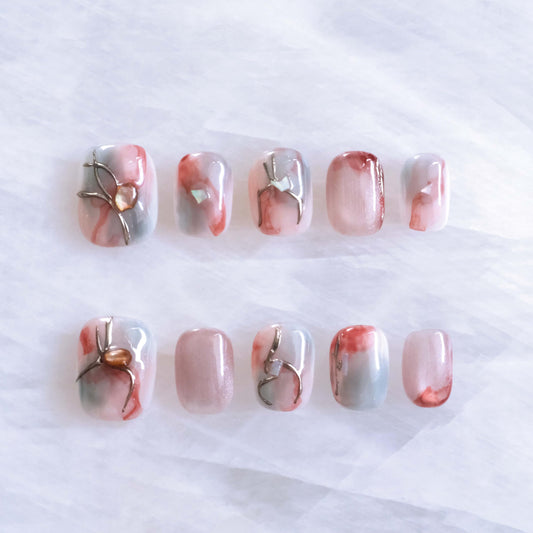Venice Inspired Press on Nails, Pink Cat Eye with Mirror Powder Chrome Effect, Short Square Shape, 10 Piece (XS Size, SS)