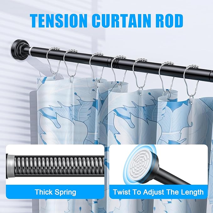 TEECK Shower Curtain Rod, 32-104 inch Adjustable Spring Tension Curtain Rod, Never Rust Anti-Slip Shower Curtain Rod for Bathroom, No Drilling, Never Collapse, Easy to Use, Black