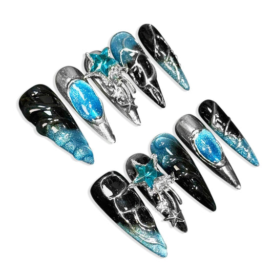 Handmade 3D Dark Sci-Fi Ocean Star Stiletto Press On Nails, Blue Black Gradient Rhinestone Artisan Nails Set, Reusable Glossy Press-ons with Tool Kit(S)