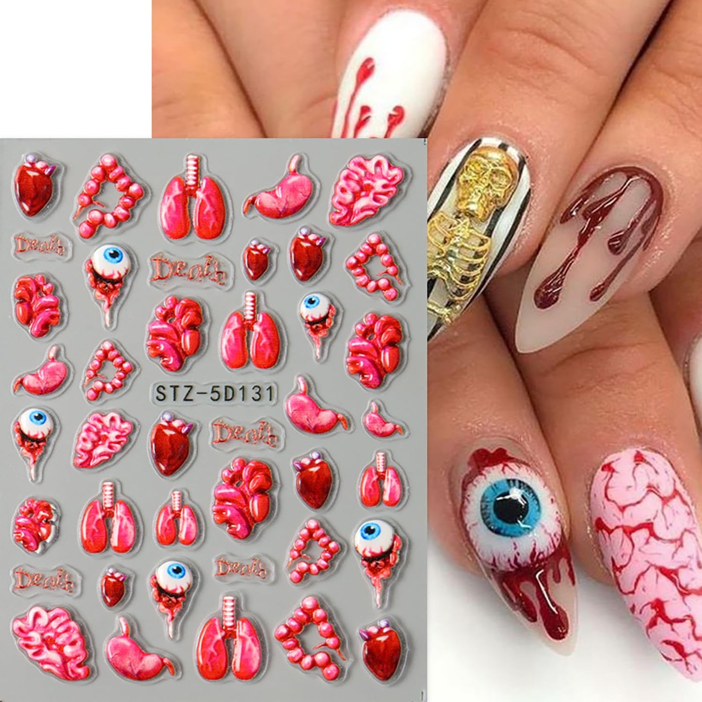2 Sheets Halloween Nail Art Stickers 5D Relief Self -Adhesive Blood Drops Lips Spider Nail Decals Holographic Horror Heart Internal Organs Design Nail Stickers Halloween Nail Decoration for Women