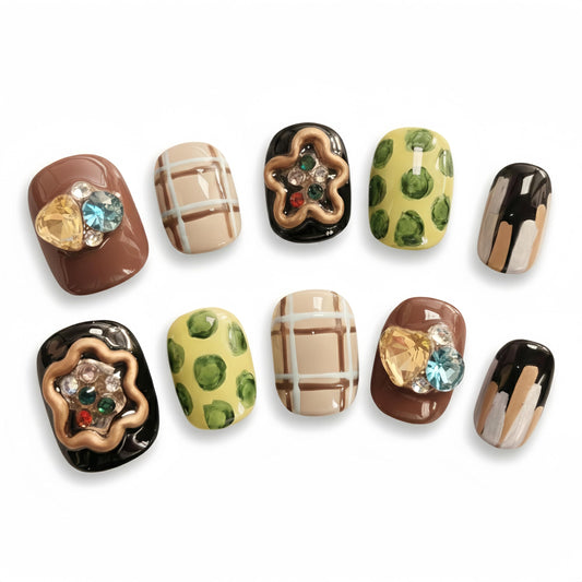 Fine Point Premium Vintage Handmade Plaid Gem Press On Nails, Short Square Green & Brown Check Flower with 3D Gold Charms, Reusable Glue On Fake Nails for Women, 10PCS, Mothers Day Gifts(Medium)