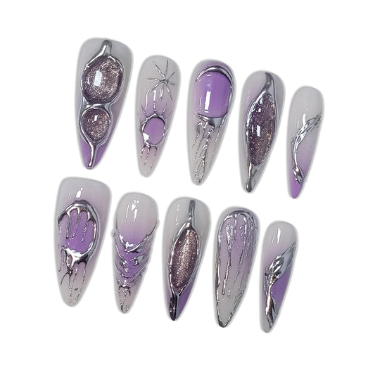Hantyer Lavender Ombre Metallic Hand-Painted Cat Eye Press on Nails, Long Stiletto Glossy Iced Edgy Fake Nails, Reusable Sweet & Cool False Nails for Women Y2K Party Special Occasion Full Set (Size M)