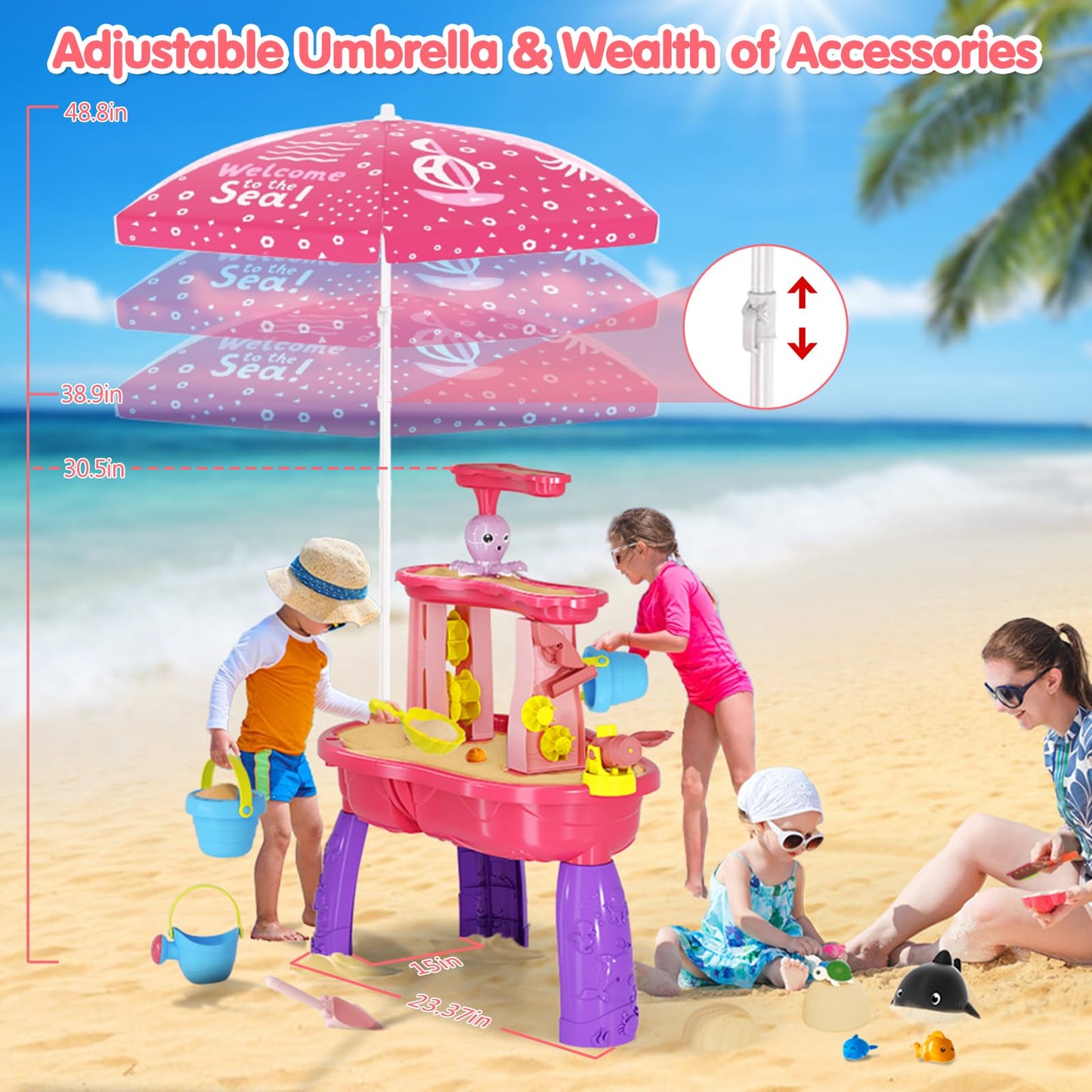 2026 Sand Water Table Toys for Toddlers 1-3 3-5 with Umbrella, 3-Tier Kids Outdoor Water Tables Toy, Auto Electric Pump Sensory Play Water Table for Girls 4-8, Beach Summer Water Toy, Pink&Purple