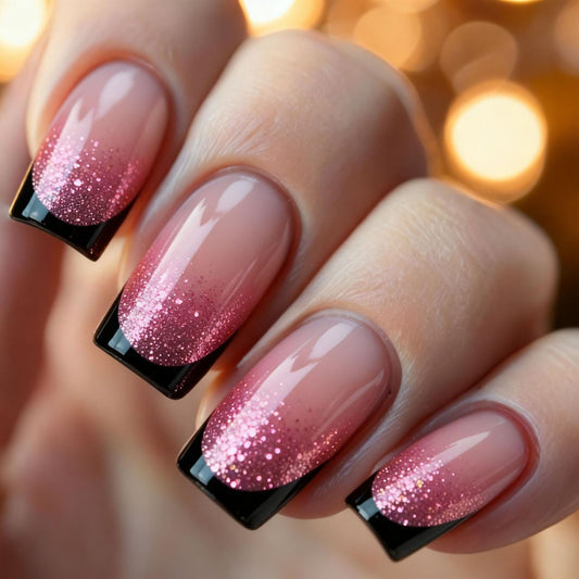 Black French Tip Press on Nails Medium Square Fake Nails with Pink Glitter Ombre French Tip Design Black Tips Glue on False Nail Pink Glitter Artificial Stick on Nail for Women 24Pcs