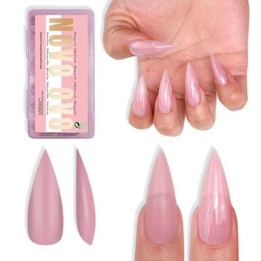NOVO OVO Medium Long Stiletto Nail Tips Berry Pink (224Pcs) - Pre-designed Soft Gel Full Cover False Nails, Sharp Pointed Acrylic Press on Extension, DIY Salon Manicure (16 Sizes)