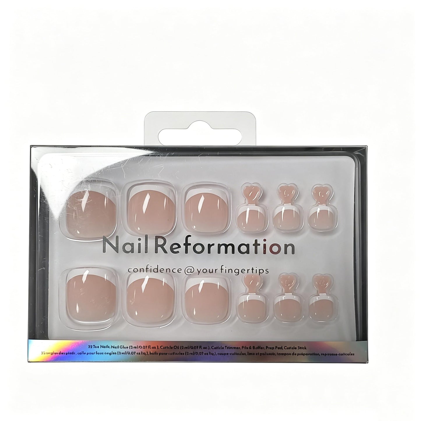 Nail Reformation Press On Toenails, Dip My Toes | Sheer Pale Pink Short Square Fake Toe Nails with White French Tip, Reusable Pedicure Kit for Summer Sandals - 32 Pcs / 16 Sizes, Gifts for Women