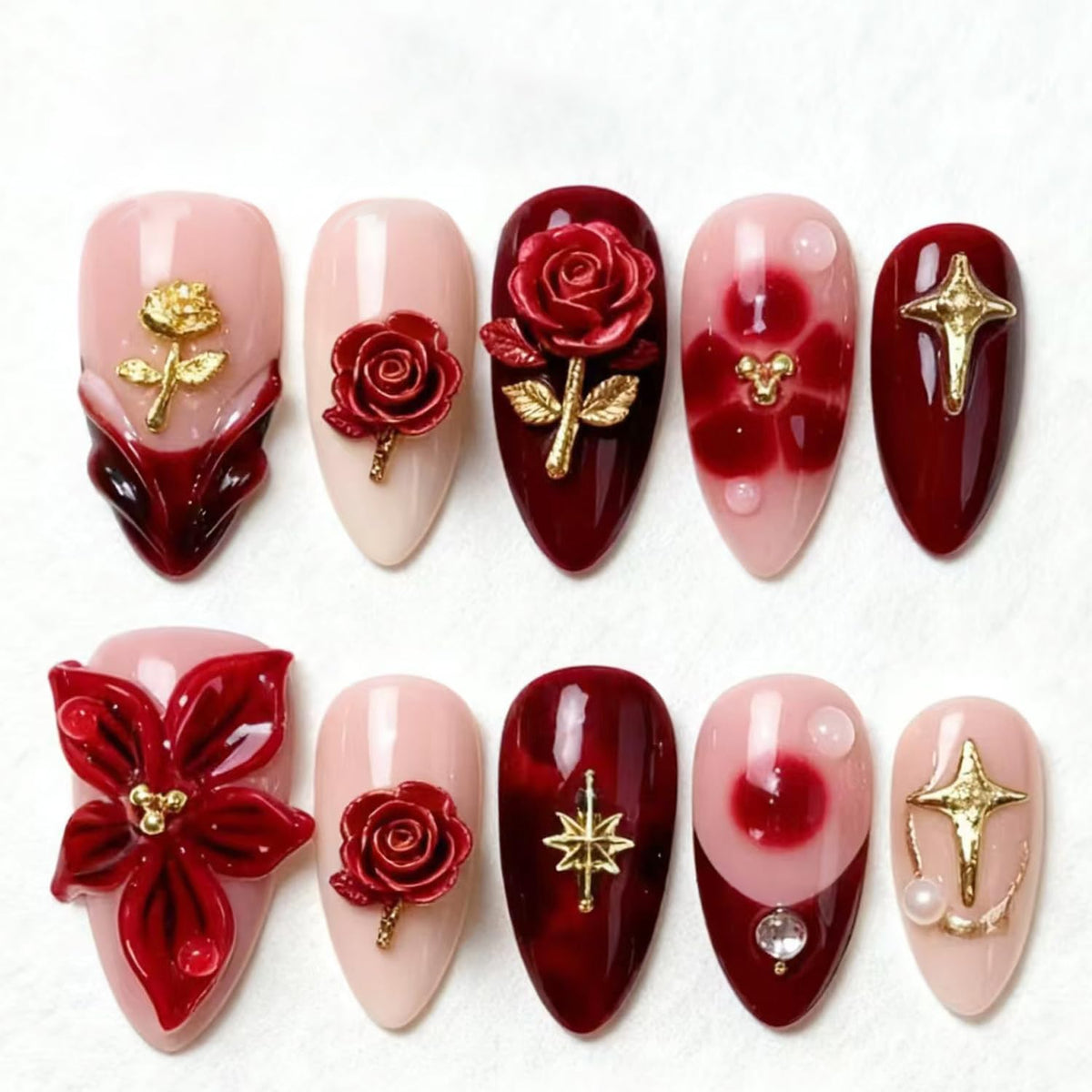 30Pcs Red Flower Press on Nails Short Almond French Tip Fake Nails with Rhinestone Pearls Designs 3D Rose Floral Star False Nails Nude Glossy Full Cover Reusable Valentines Glue on Nails for Women