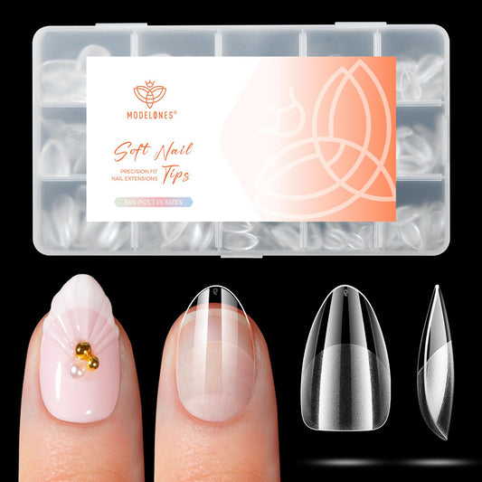modelones Extra Short Almond Nail Tips, 360pcs Pre-etched Clear Soft Gel Nail Tips Fake Nails Press On Full Cover Half Matte 15 Sizes Acrylic Gel Tips for Extension Salon