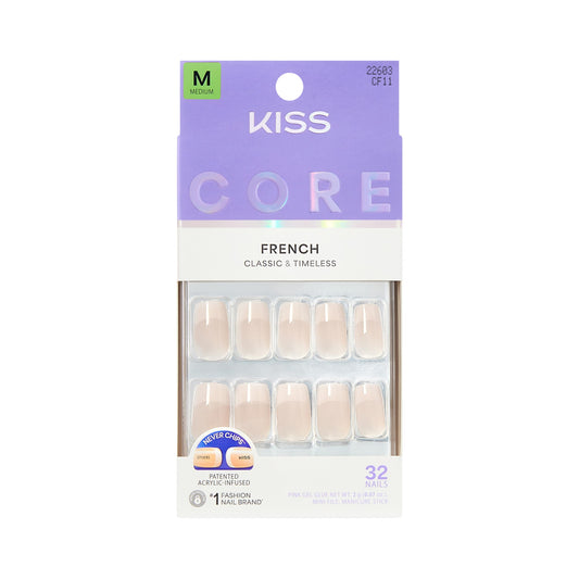 Kiss Core, Press On Nails, Nail glue included, 'Scenario', Pink, Medium Size, Squoval Shape, Includes 32 Nails, 2g Glue, 1 Manicure Stick, 1 Mini File