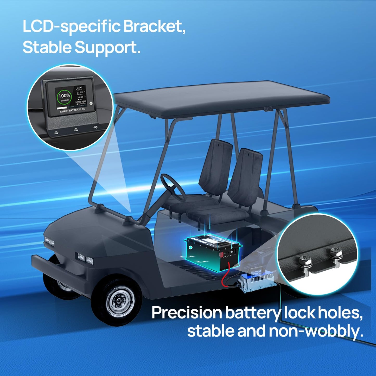 DC HOUSE 48V 100Ah Lithium Golf Cart Battery, Sturdy Metal Case Lifepo4 Battery with 48V 18A Charger, Bluetooth Mobile APP &Touch LCD Monitor, Built-in Smart 200A BMS, Peak Current 1000A Max