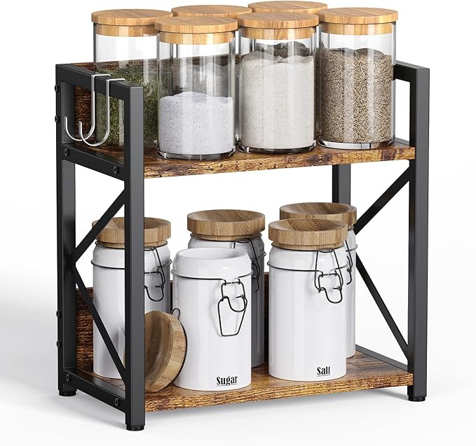 Spice-Rack-Organizer-Shelf for Kitchen Counter, 2 Tiers Coffee Bar Station Organizer for Countertopï¼Space Saving Desk Shelving Riser Unit (Rustic Brown, Small)