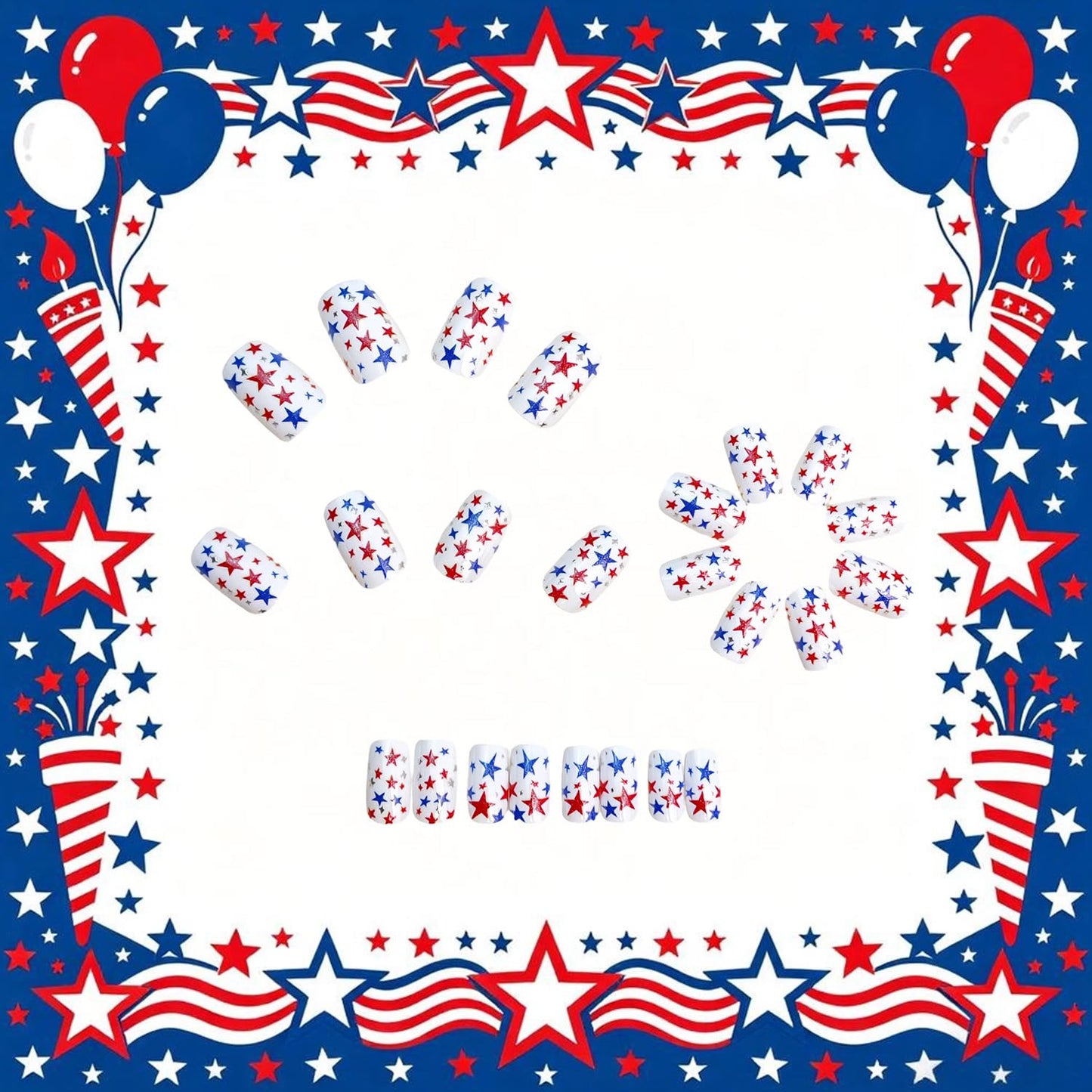 White Independence Day Press on Nails Medium Length Artificial Fingernails Colorful Stars Fake Nails Glossy 4th of July Glue on Nail Square Shaped Stick on Acrylic Nail for Women Holiday Manicure