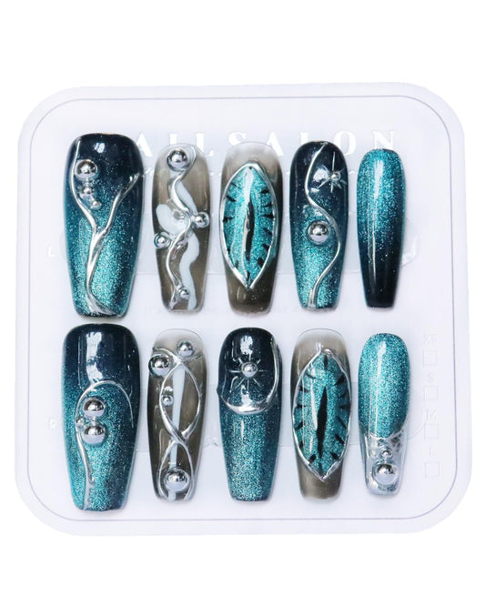CAMILCY Handmade Press on Nails Long Coffin Blue Black Silver Glossy Luxury 3D Metal Charms Reusable Acrylic Artificial Fake Nails Full Cover False Nails for Women 10pcs (A048, M)
