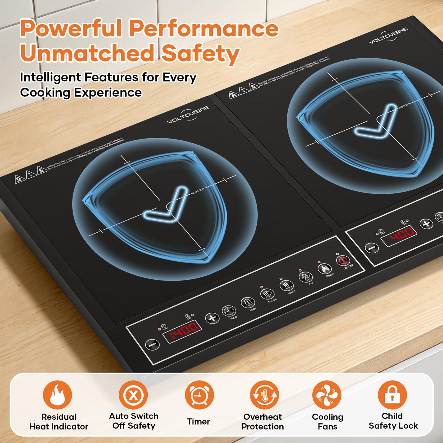 VoltCuisine 24 Inch Double Induction Cooktop, Button Control, 1800W Power Sharing, Low Power Continuous Heating, Portable Countertop Electric Cooker