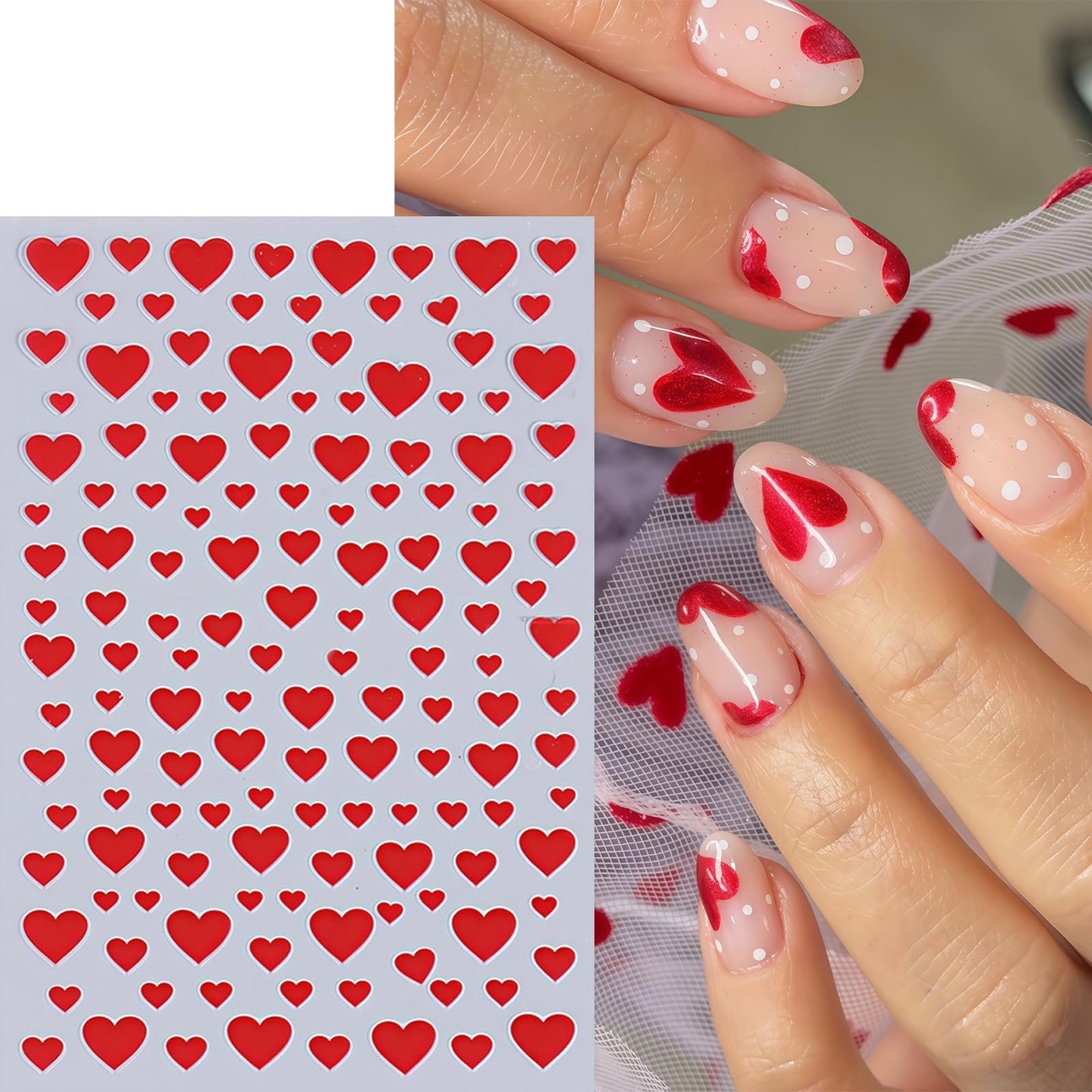 8 Pcs Valentines Day Nail Stickers French Heart Nail Decals Glitter Pink Silver Romantic Heart Curved Line Nails Design 3D Self-Adhesive Pink Red Silver Glitter Mini Hearts Nails Supplies for Women