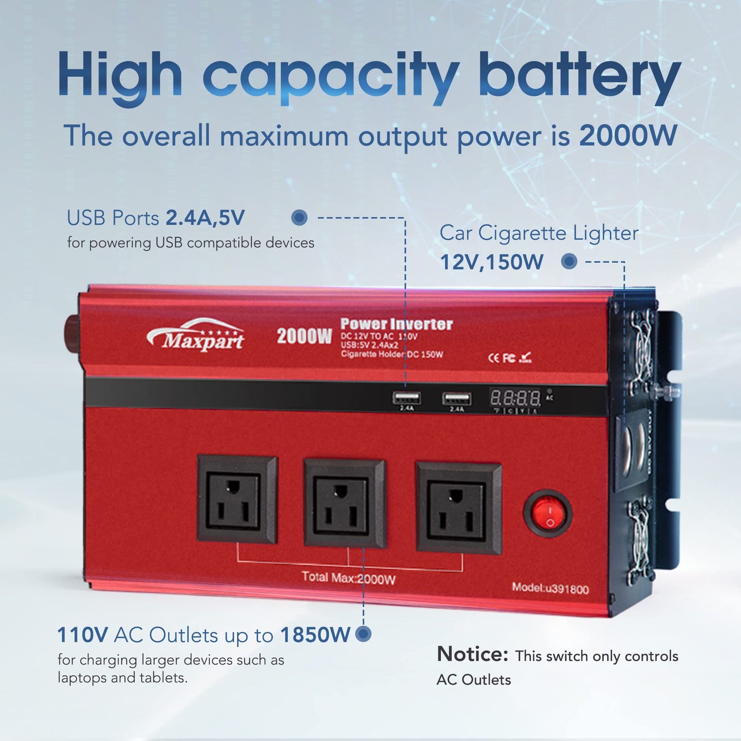 2000w 12v Car Power Inverters for Vehicles Truck with USB Charging Port,12v DC to 110v AC Inverter Converter with 3 AC Outlets
