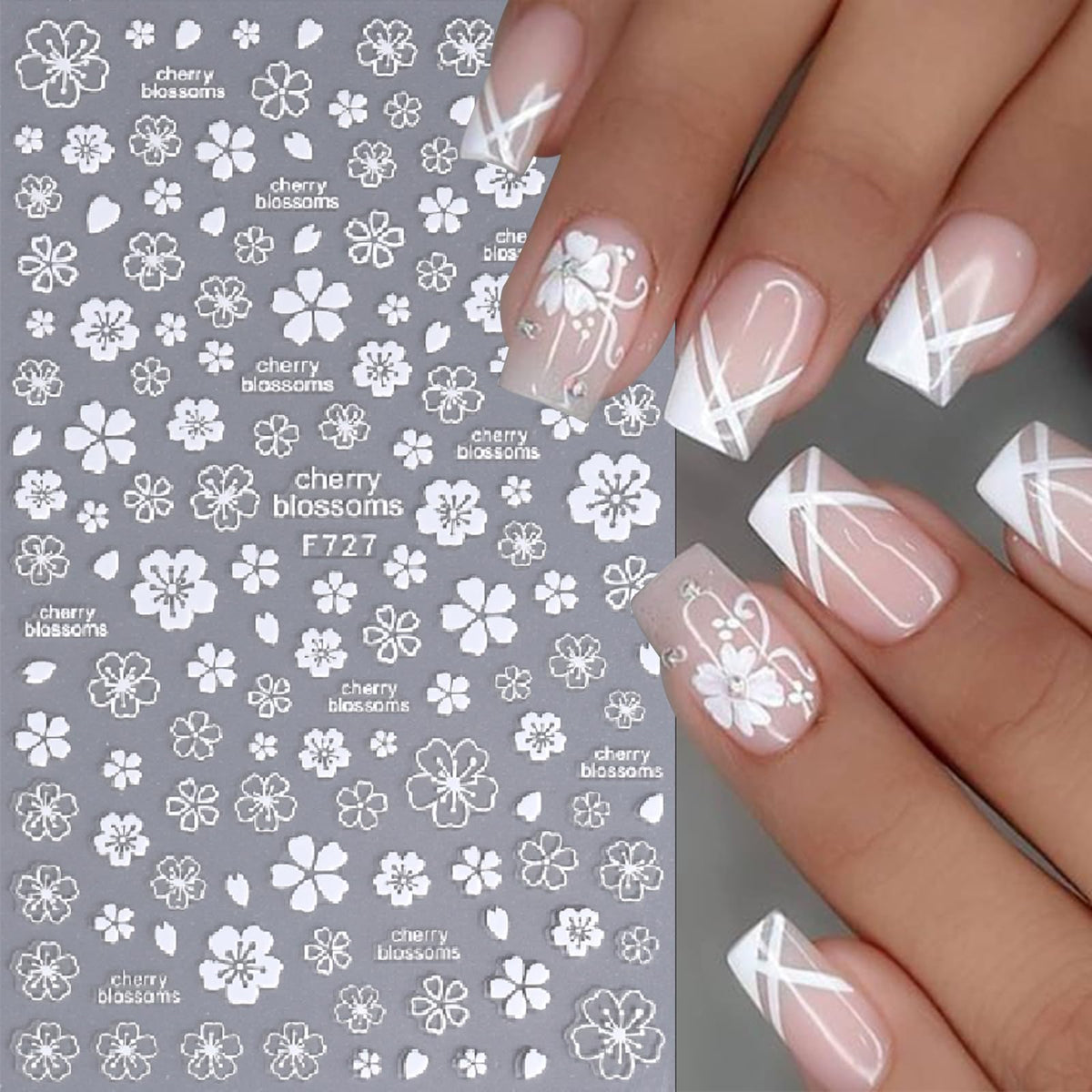 8 Sheets White Flower Nail Art Stickers Flower Daisy Nail Decals 3D Self-Adhesive White Cherry Blossom with 5 Petals Floral Lace Design Women's Nail Art Decoration Supplies