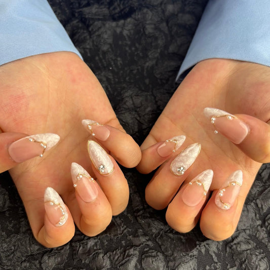 AKA Unicorn Large Handmade Press On Nails Short Almond,Nude Pink Acrylic Nails,Luxury Nail Press On with Charm Pearl Design for Wedding&Party Wear-True Love Design Concept