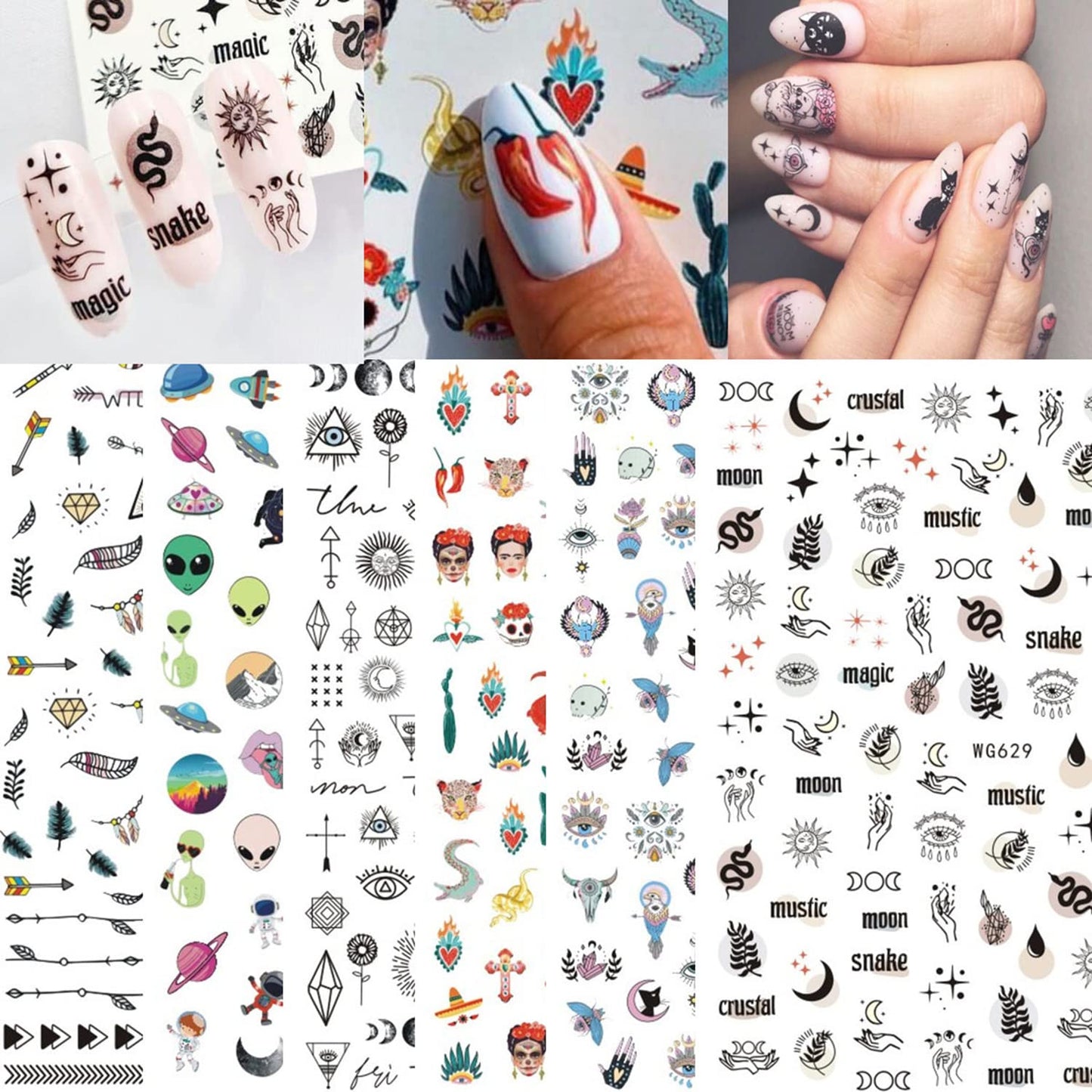 Indian Nail Art Stickers, Feather Alien Moon Star Eyes Tribal Totem Skull Nail Sticker, 3D Self-Adhesive Nail Art Decals Design, Nail Decal Supplies for Women Manicure DIY Nail Decoration (6 Sheets)