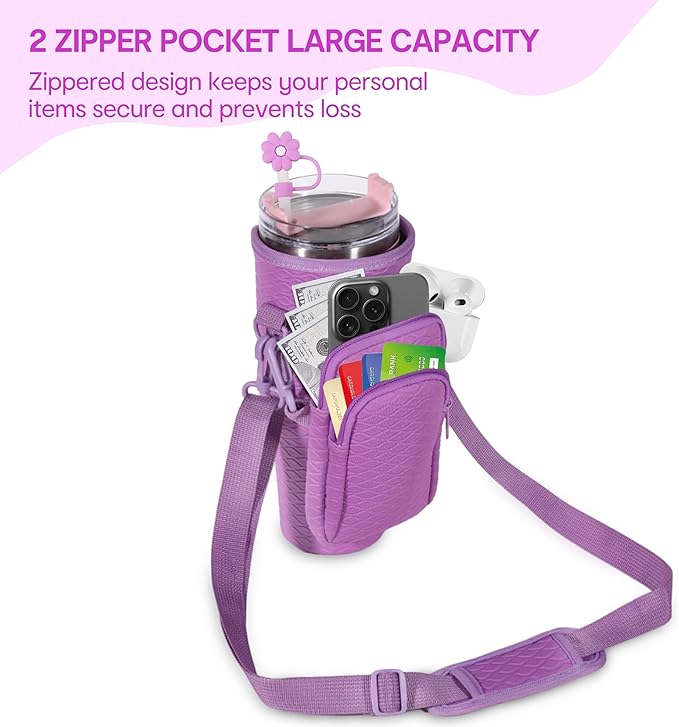 &And Per Se Water Bottle Shoulder Bag for Women, Neoprene Carrier with Phone Pocket & Purple Charm, Adjustable Crossbody Strap Fits Stanley 30oz Tumblers, Gift for Her (Purple)